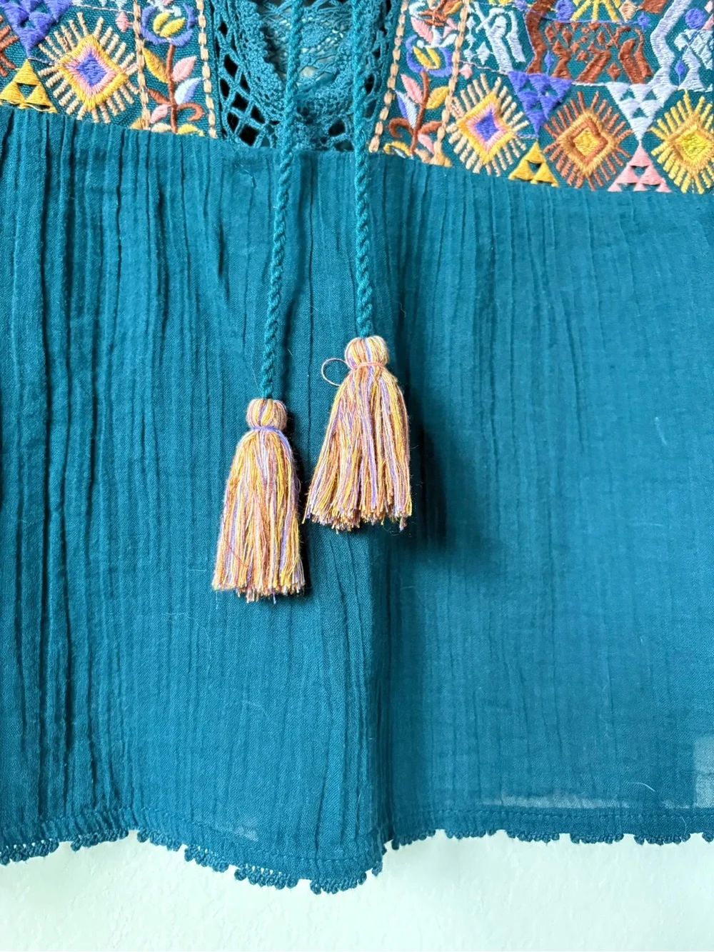 Free People Boho Embroidered Teal Sleeveless Peasant Top size small